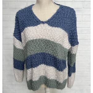 Altar'd State Chunky Knit Cozy Blue Striped Oversized Pullover Sweater -sz M/L